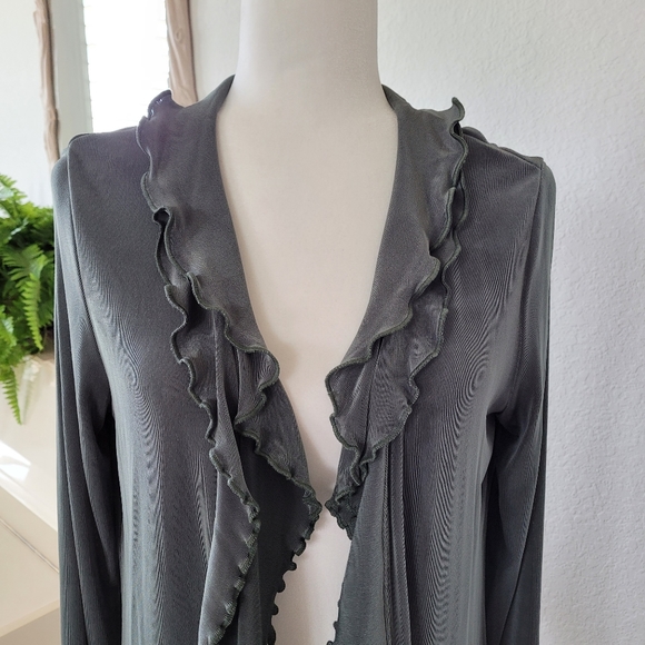 New Boston Proper Olive Green Ruffled Stretch Cardigan, size M - Picture 2 of 9